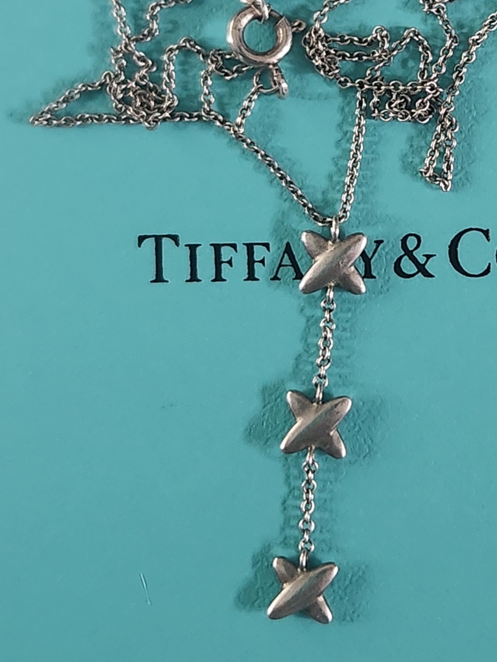 Tiffany & Co Signature Triple X Kiss Star Drop Silver Lariat Necklace, preloved